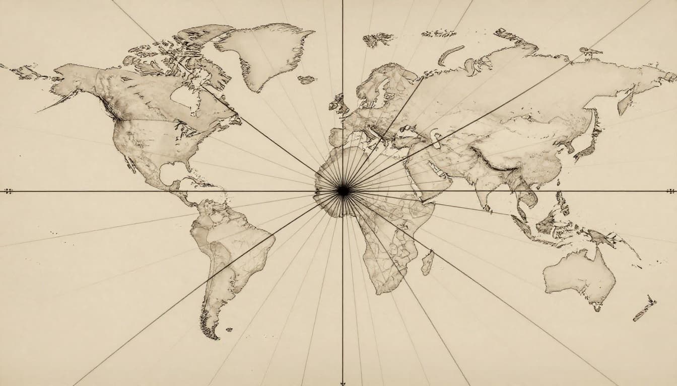 Modern illustration of a world map grid with latitude and longitude lines intersecting at a point, using clean shapes and earth tones to demonstrate pinpointing locations.